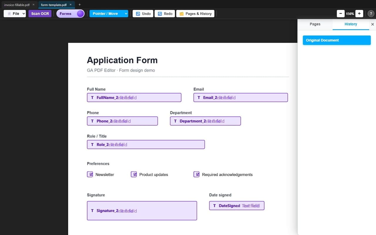 Forms mode — purple designer field shells